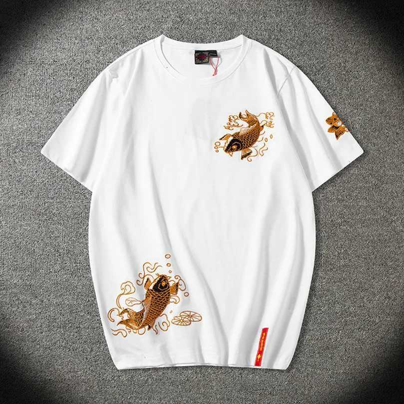 Brocade Carp Embroidery Tshirt Men Knit Clothes Kpop Hippie Oversize T-Shirts Summer Clothes For Men 2025 Z1 C260326