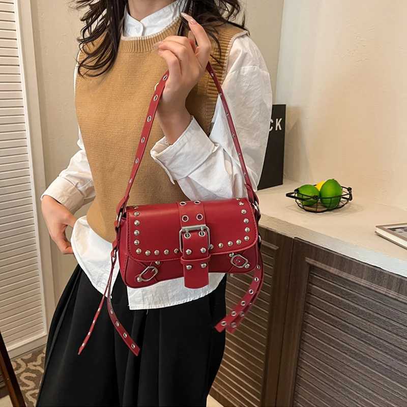 SHELKSBAG Y2k Rivet Design Shoulder Bags for Women Hot Cool Girls PU Leather Underarm Bag Vintage Female Phone Handbags Purse C260327
