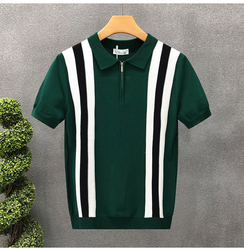 Luxury Brand Designer Summer Korean-style youth casual ice silk slim-fit men vertical striped turn-down collar knitted short-sleeve T-shirt business p