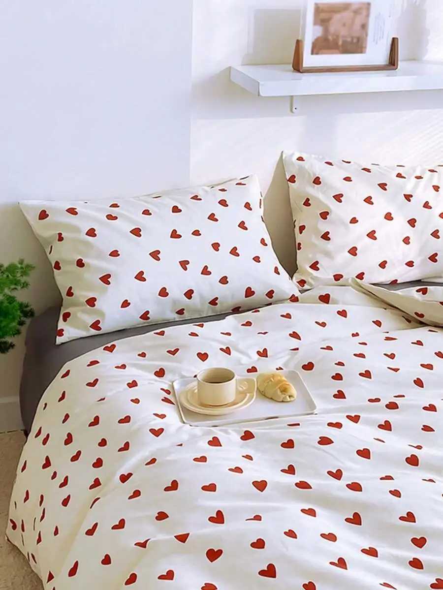 3-Piece Heart Print Duvet Cover Set - Soft Cotton Romantic Bedroom Decor H260327