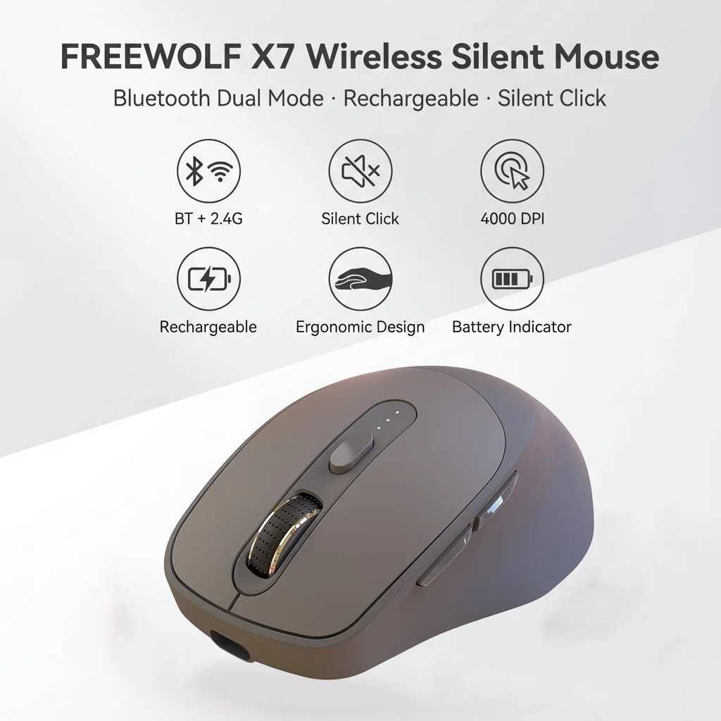 FREEWOLF X7 Wireless Mouse Bluetooth 24G Dual Mode Silent Rechargeable 4000DPI Battery Indicator Ergonomic for PC Mac Laptop D260327