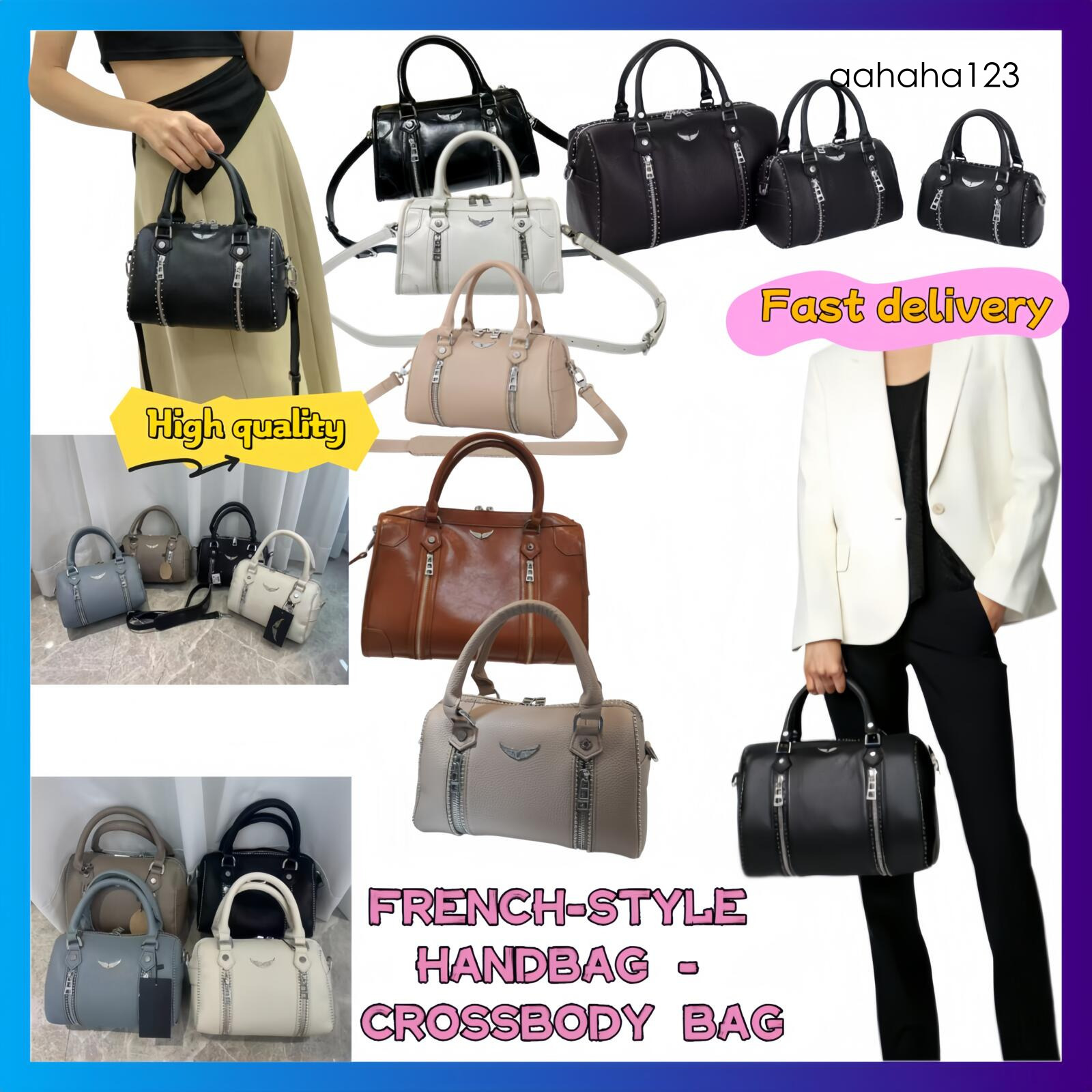 Cross-Border Exclusive ZV French Style Crossbody Shoulder Bag Versatile Women's Pillow Bag Boston Large Capacity Rivet Wing Bag af5