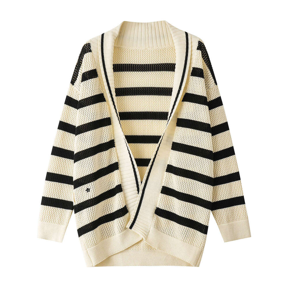 2026 autumn new slim fit waist long sleeved knitted CC sweater women's striped D19 color blocked tie medium length cardigan wool sweater