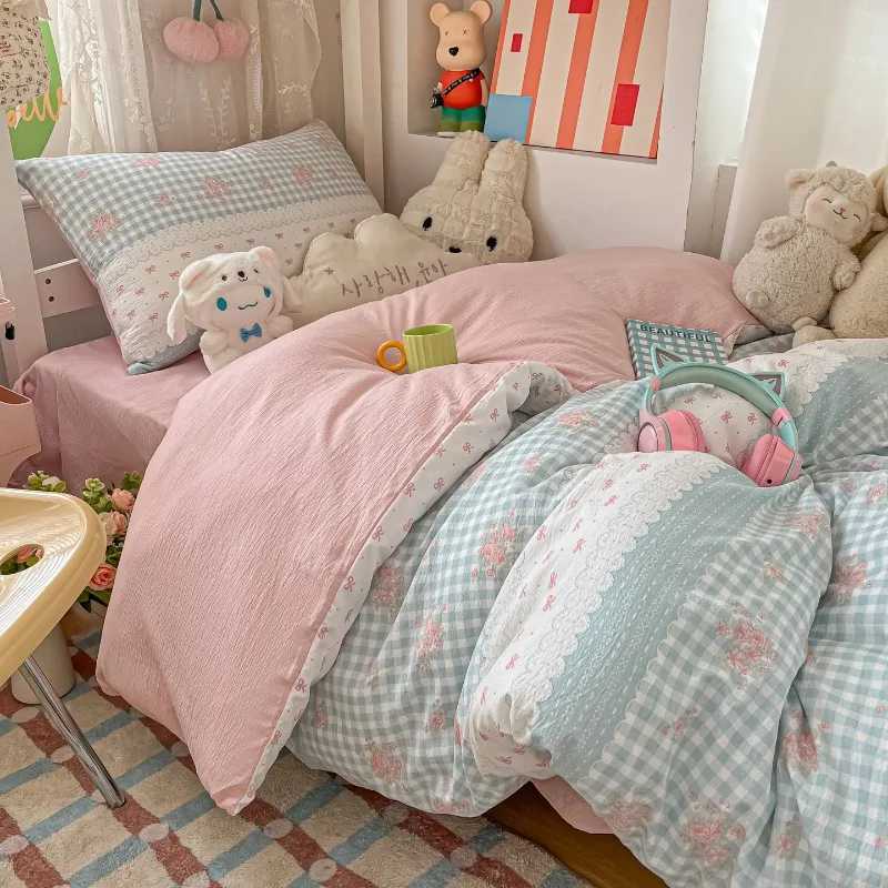 Cartoon color plaid bed sheet four-piece set student cute soft quilt cover dormitory three-piece set H260327