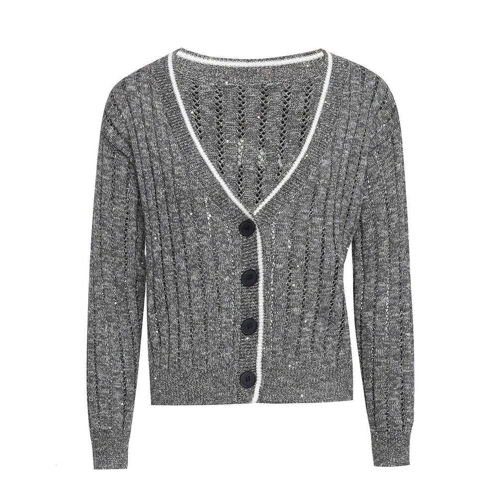 2026 spring/summer designer fashionable and elegant contrasting color striped V-neck loose hollow slim fit CC women's D19 knitted cardigan