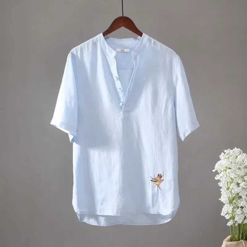 Chinese Style Stand Up Collar Pullover Shirt Mens Cotton Linen Short Sleeved Thin Linen Retro Embroidered Casual Loose Shirt C260326