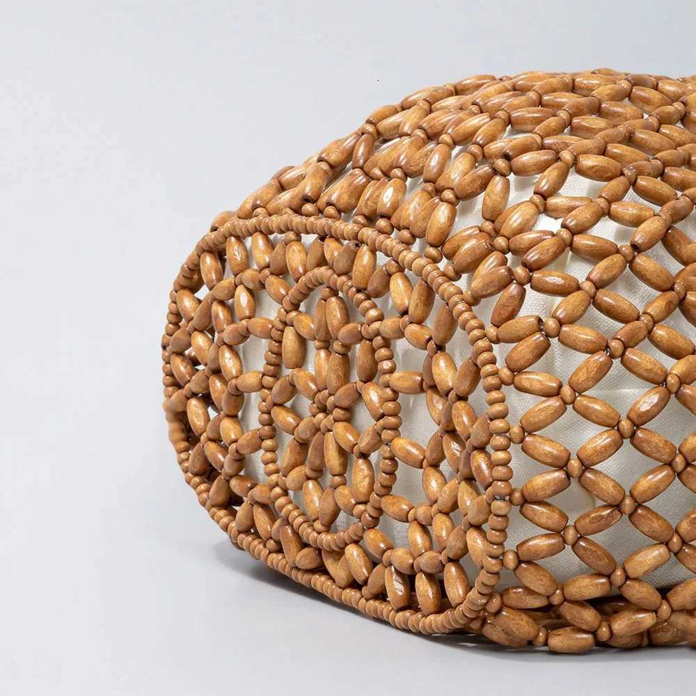 Women Woven Hand Bag Exquisite Design Hollow-out Wooden Bead Shoulder Bag Female Daily Shopping Handbag C260327