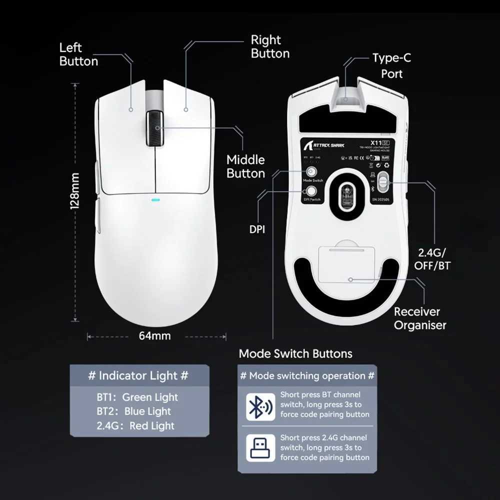 Hot Sale ATTACK SHARK X11 SE Ultra-Light Wireless Gaming Mouse - PAW3311 Tri-Mode Low Latency Ergonomic for Competitive Play D260327