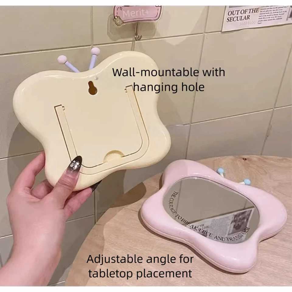 Cute Butterfly House Shape Makeup Mirror Wall-mounted Tabletop Dressing Mirror with Stand Portable Beauty Mirror H260327