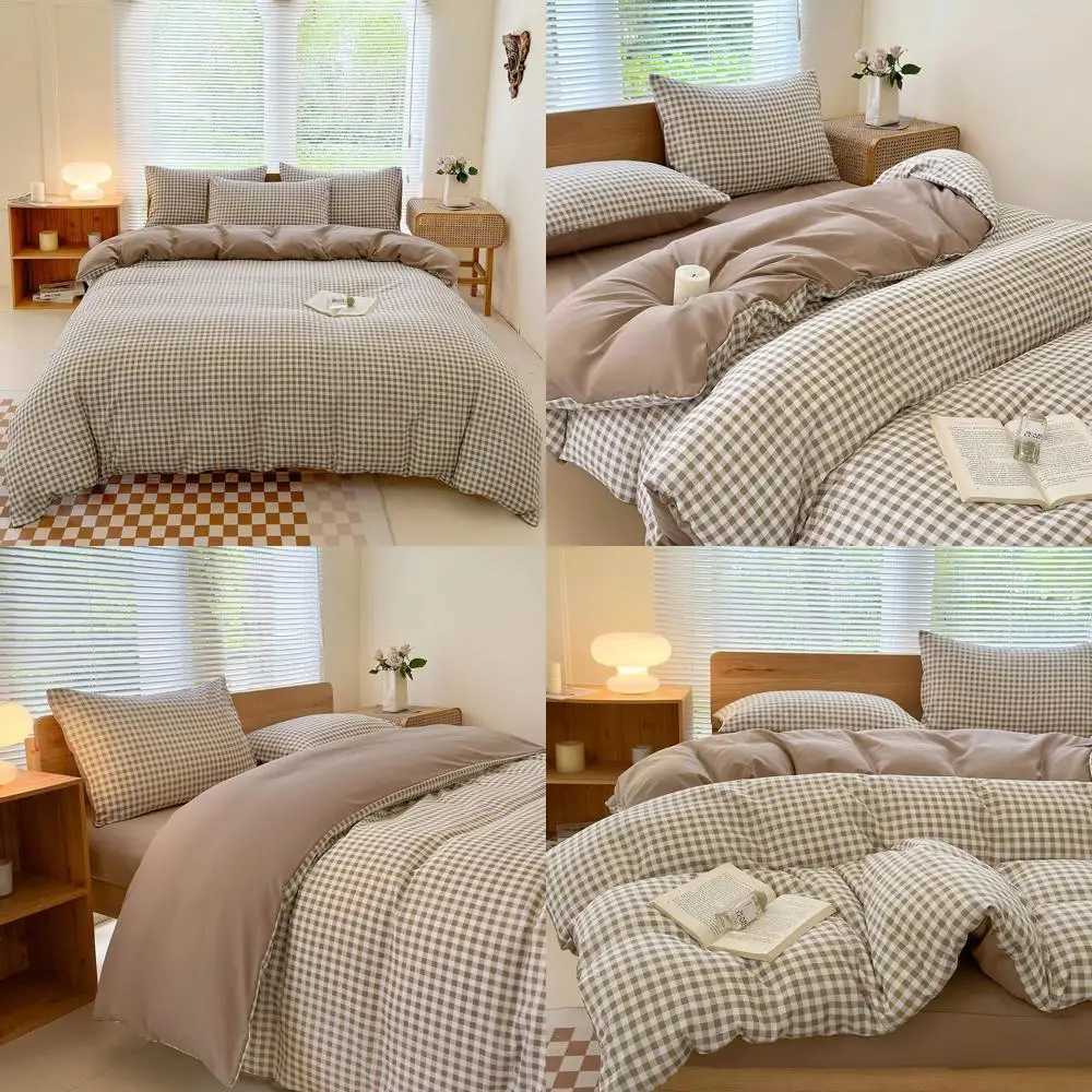 Tan Plaid Microfiber Queen Duvet Cover Set - Soft Lightweight Breathable 3-Piece Bedding H260327