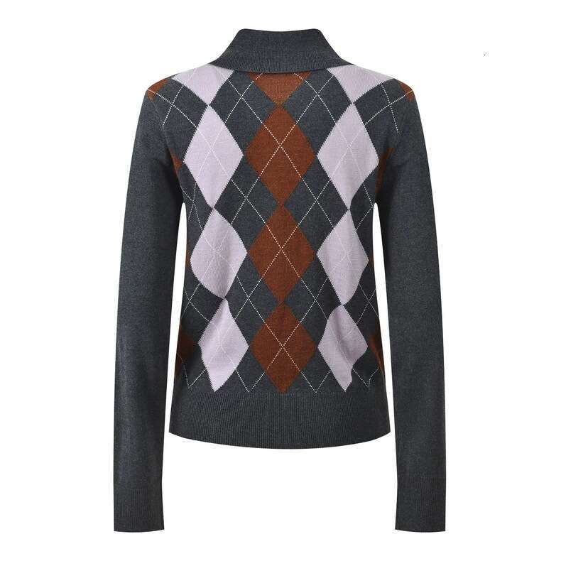2026 CC autumn and winter new designer diamond pattern color D19 blocked college retro polo neck slim knit top