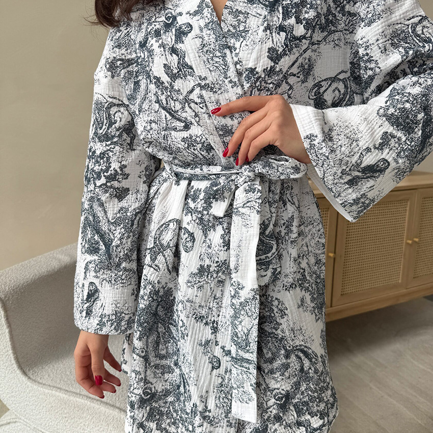 Pajama Robe Women Robe New Comfortable Soft Pure Cotton Printed Fashionable With Tie Belt Sleepwear Loungewear