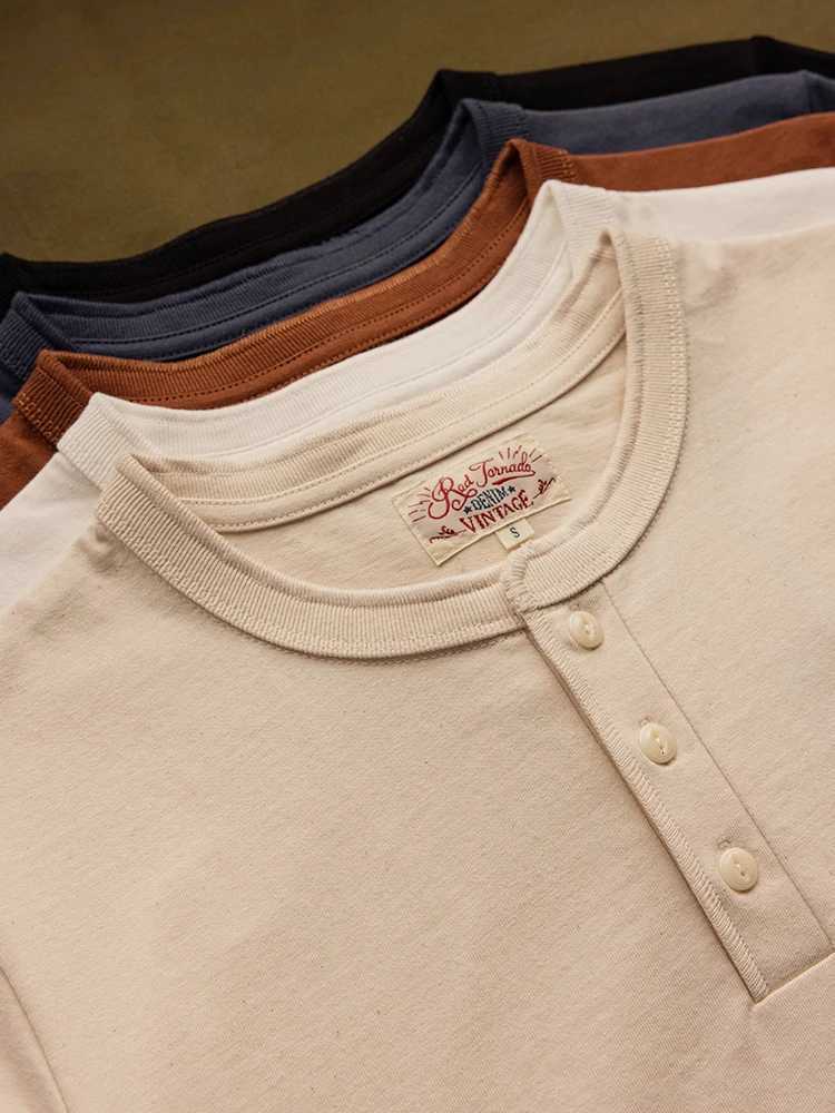 Red Tornado Short Sleeve Henley T-Shirt Heavyweight Cotton Men Every Day Tee Amekaji C260326