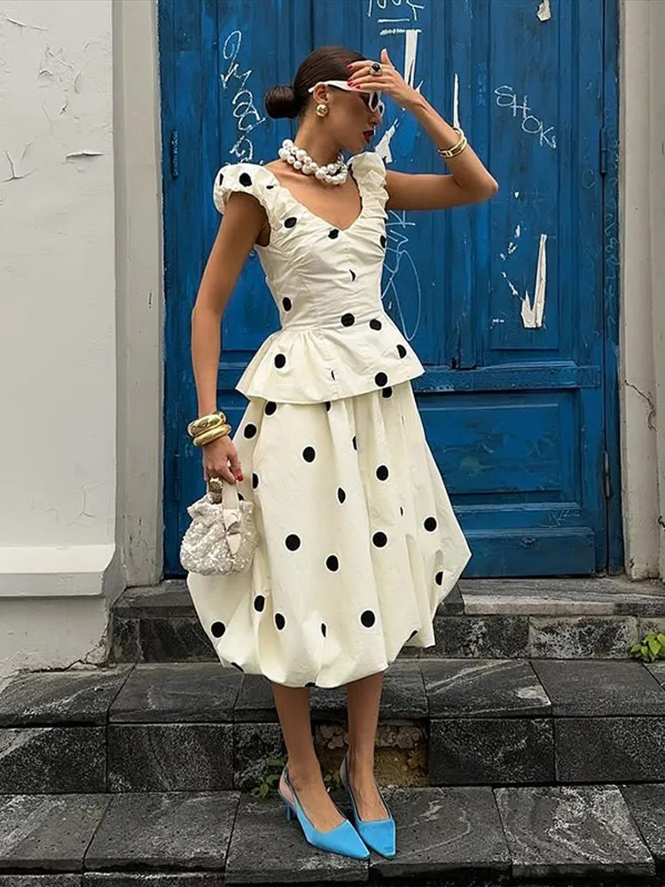 Women Polka Dot Top Long Skirt 2 Piece Set Elegant V-neck Sleeveless Slim Top High Waist Pleated Loose Skirt Suit Lady Daily Set 260326