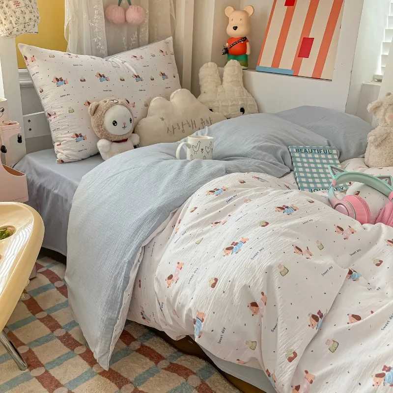 Cartoon color plaid bed sheet four-piece set student cute soft quilt cover dormitory three-piece set H260327