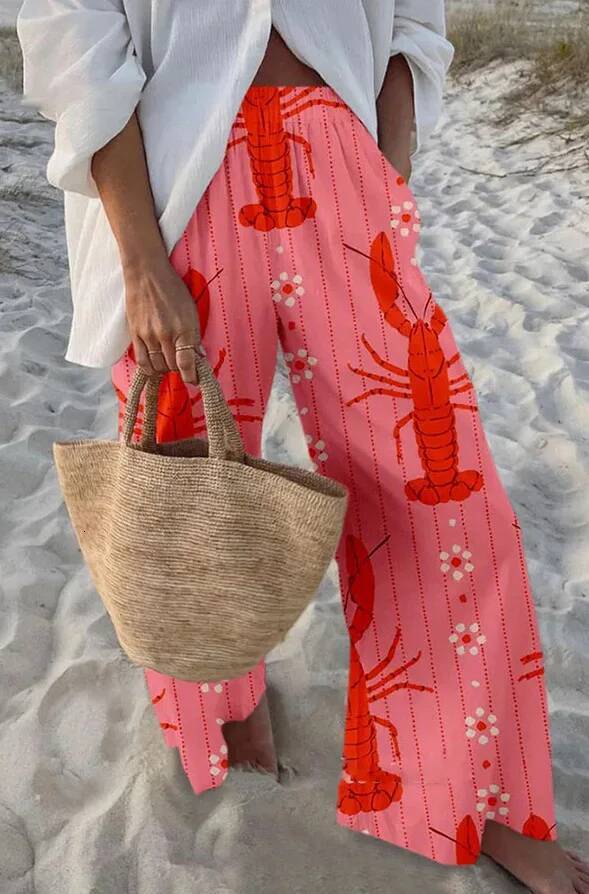 2025 Summer Women Vintage Fish Sardines Art Print Linen Pants, Long Sleeve Shirt Flip Collar Casual Bodysuit ddmysept