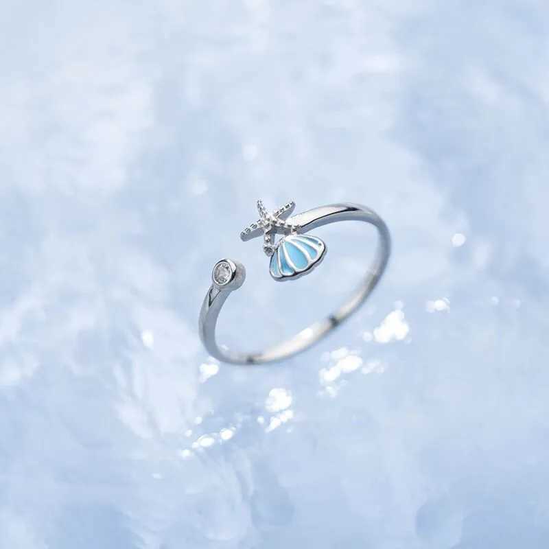 New Fashion Creative Shell Starfish Zircon 925 Sterling Silver Jewelry Temperament Fairy Personality Sweet Opening Rings TYB083 H260327