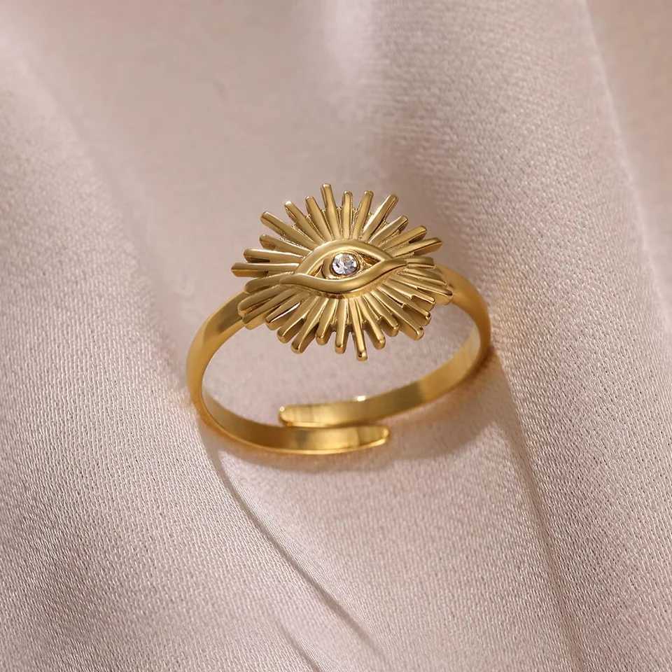 Stainless Steel Tiny Zircon Rings For Women Exquisite Gold Color Sun Double-Layer Ring Punk Hip-Hop Accessory Bague Jewelry Gift H260327