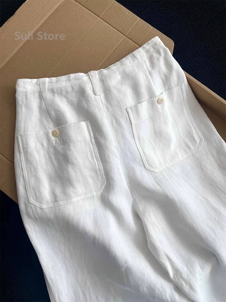 High Elastic Waist Cotton Linen Casual Pants Women's Style Small Size White Drawstring Loose Fit Trousers ddmysept