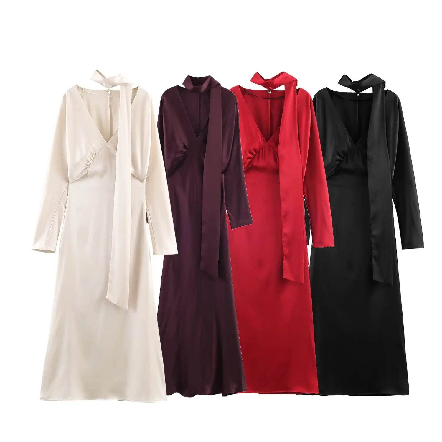 Women Fashion Satin V neck Dress Long Dresses With Scarf Chic Elegant Dresses Women Long Sleeve Casual Dress 260326