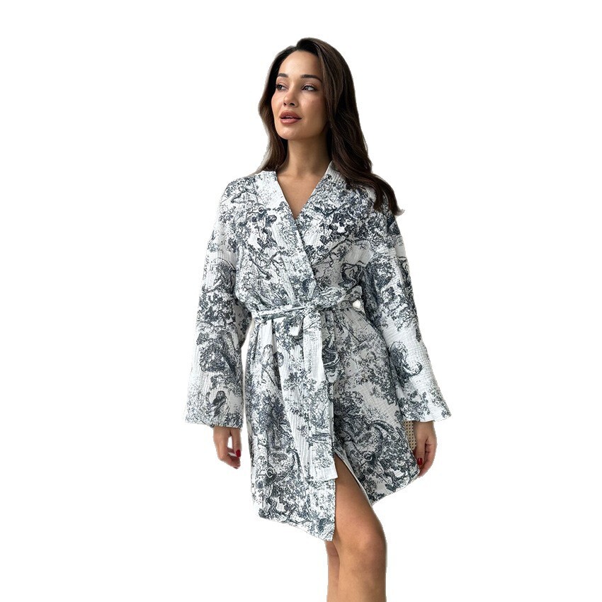 Pajama Robe Women Robe New Comfortable Soft Pure Cotton Printed Fashionable With Tie Belt Sleepwear Loungewear