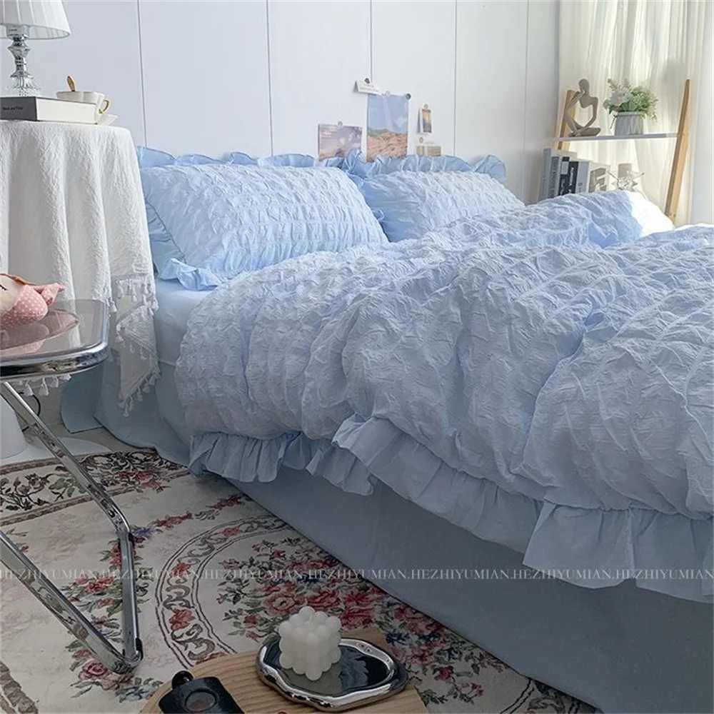INS Girl Blue Bedding Sets Solid Color Seersucker Ruffles Lace Kawaii Soft Sheet Woman Duvet Cover Pillow Covers Quilt Cover H260327