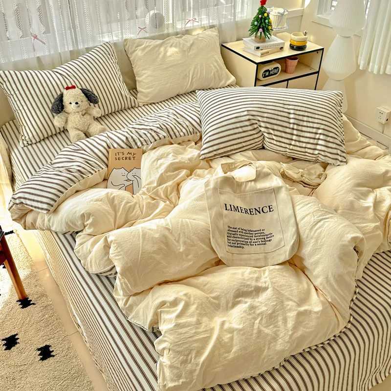 Striped Bedding Set Korean Style Duvet Cover Set Flat Sheets Set Single Twin Double Size Bed Linen Set Back To School Season H260327