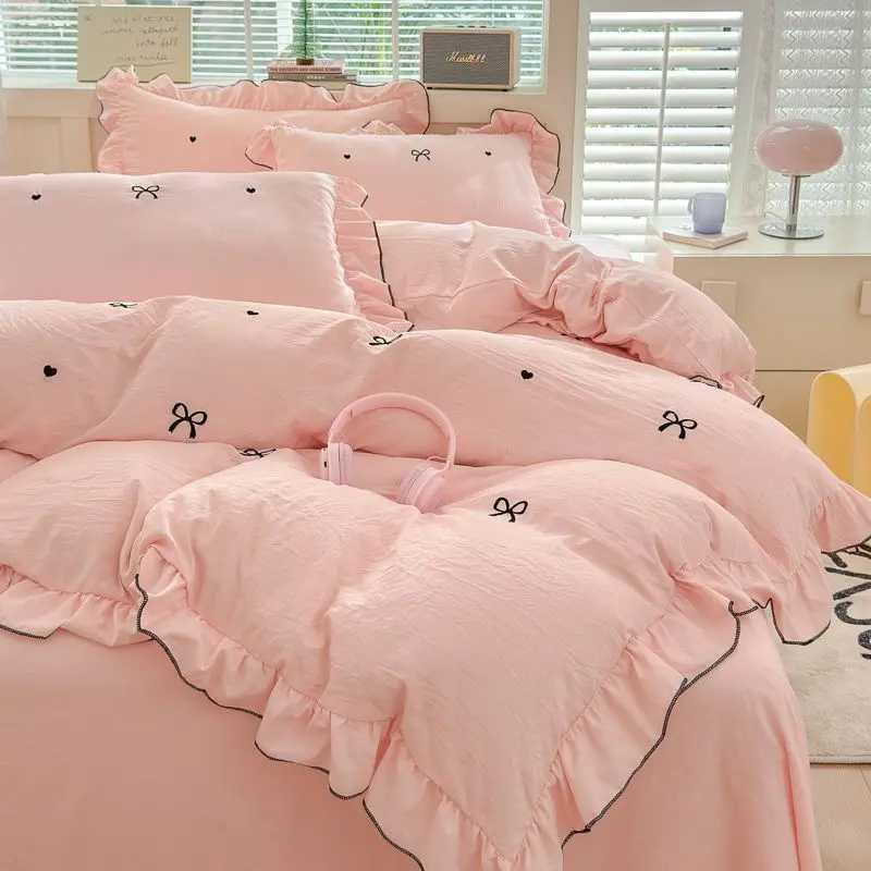 French Ins Princess Style Lace Four-piece Set Washed Cotton Embroidered Quilt Cover Set Bow Girly Heart Bed Sheet Three-piece H260327