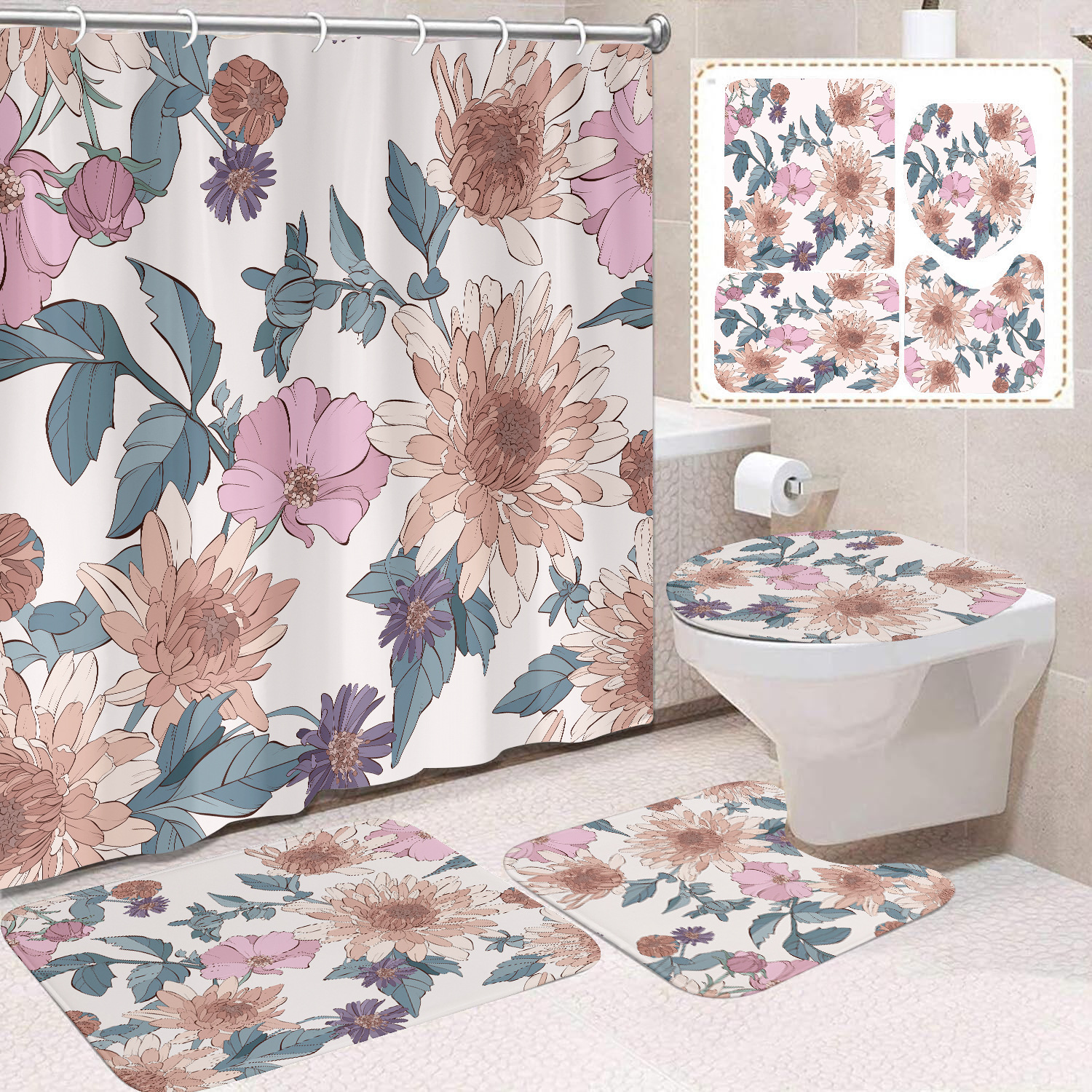 YL-38398 Floral Shower Curtain and Mat Set (4 Pieces) - Bathroom Dry and Wet Separation, Toilet Isolation Curtain, Modern Minimalist Style