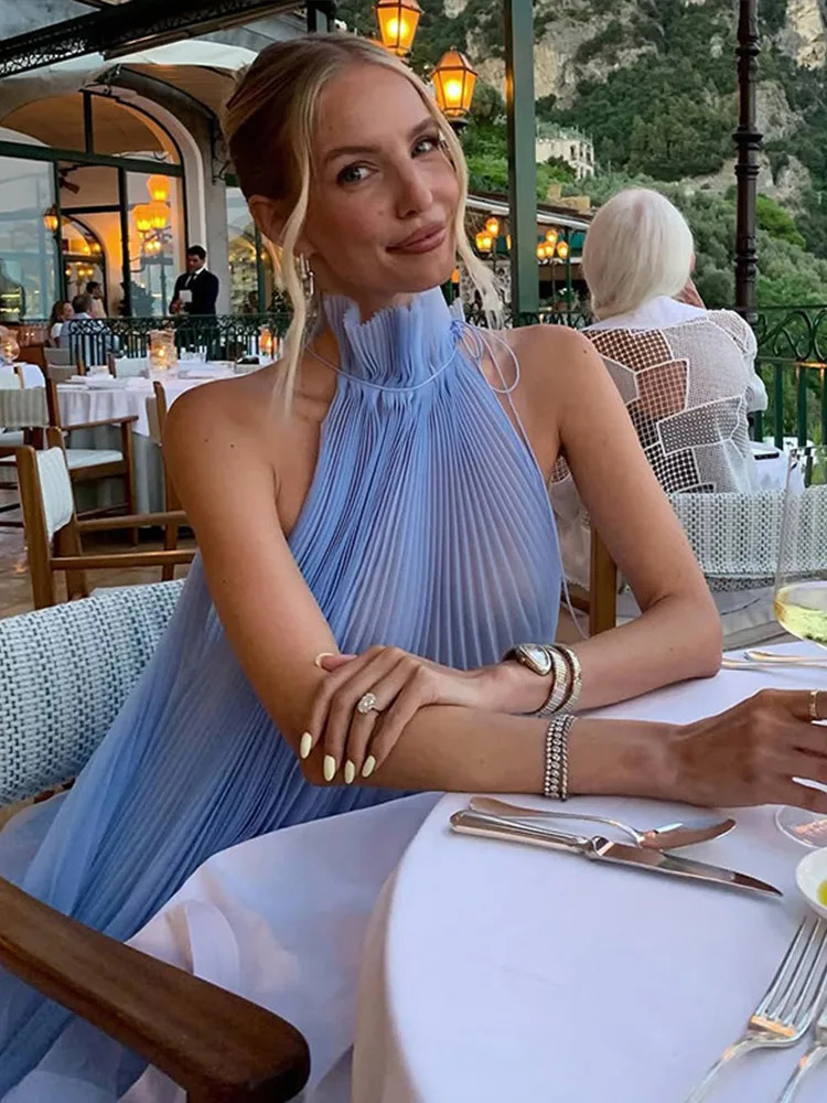 Light Blue Halter Neck Pleated Two Piece Set Women Sheer Chiffon Ruffled Top Maxi Skirt Suit Elegant Vacation Evening Party Sets 260326