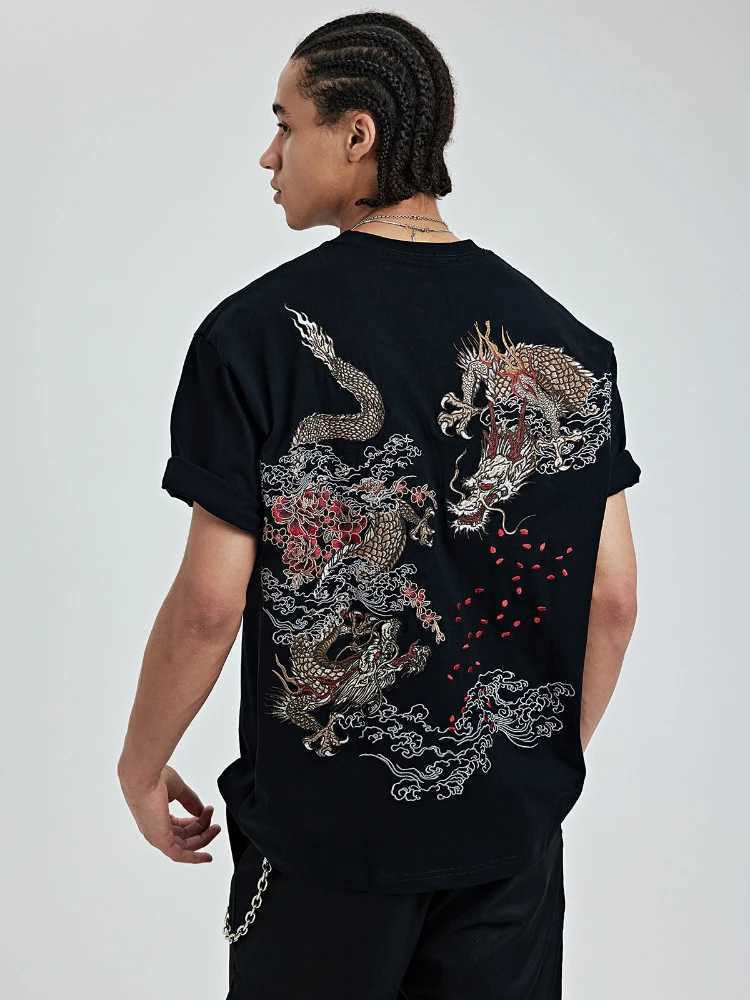 Mens T Shirt Harajuku Chinese Style Streetwear Flying Dragon Heavy Embroidery Cotton Tee Drop Shoulder Loose Fit Short Summer C260326