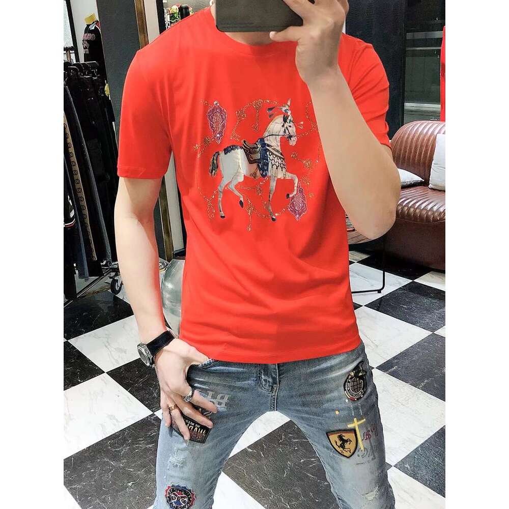 brand short sleeve slim fit round neck new hot style heavy duty rhinestone fashion T shirt trendy clothing pure cotton - view 4