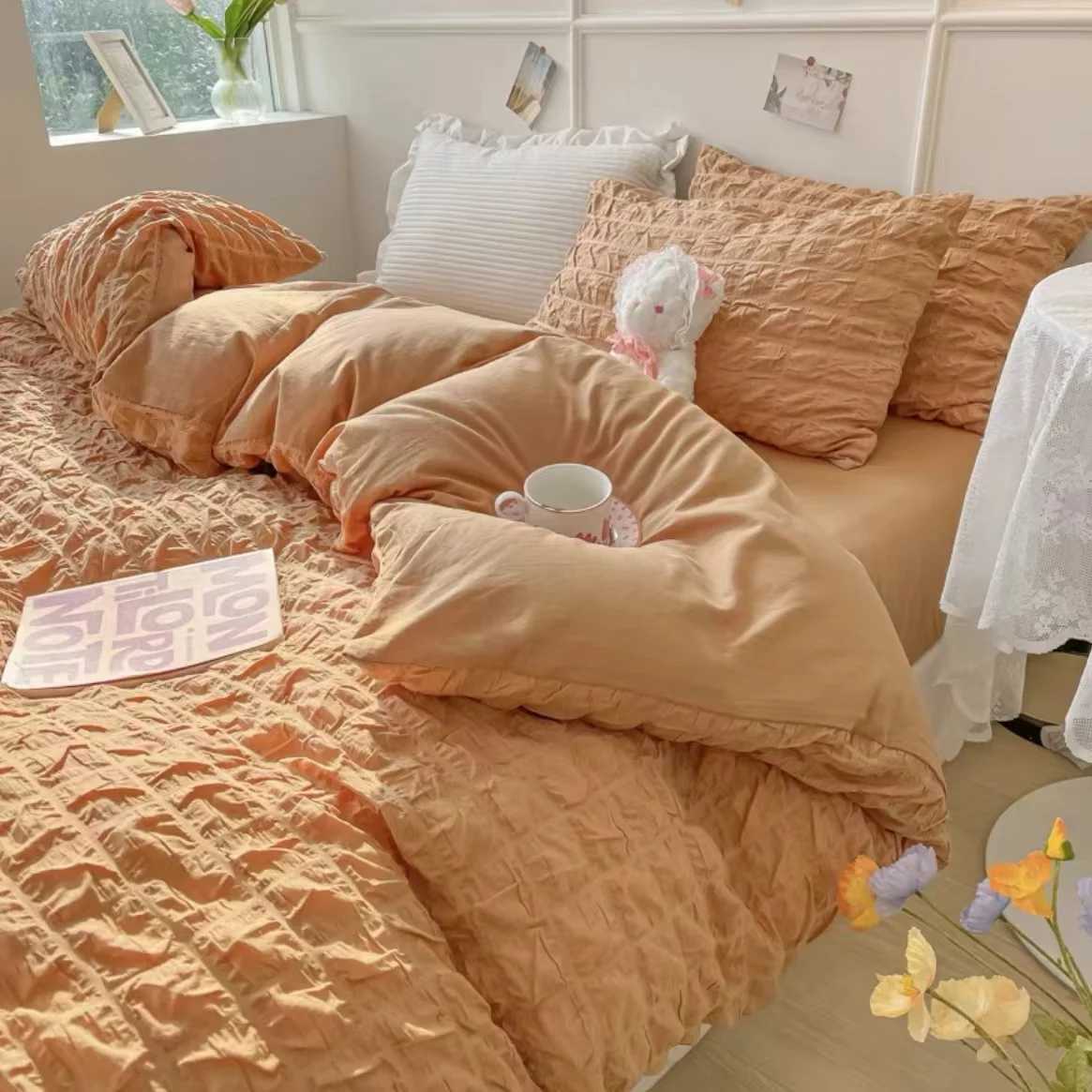 Princess Bedding Set French Style Wash Cotton Solid Color Seersucker Summer Soft 2024New Bed Sheet Set Comforter Set H260327