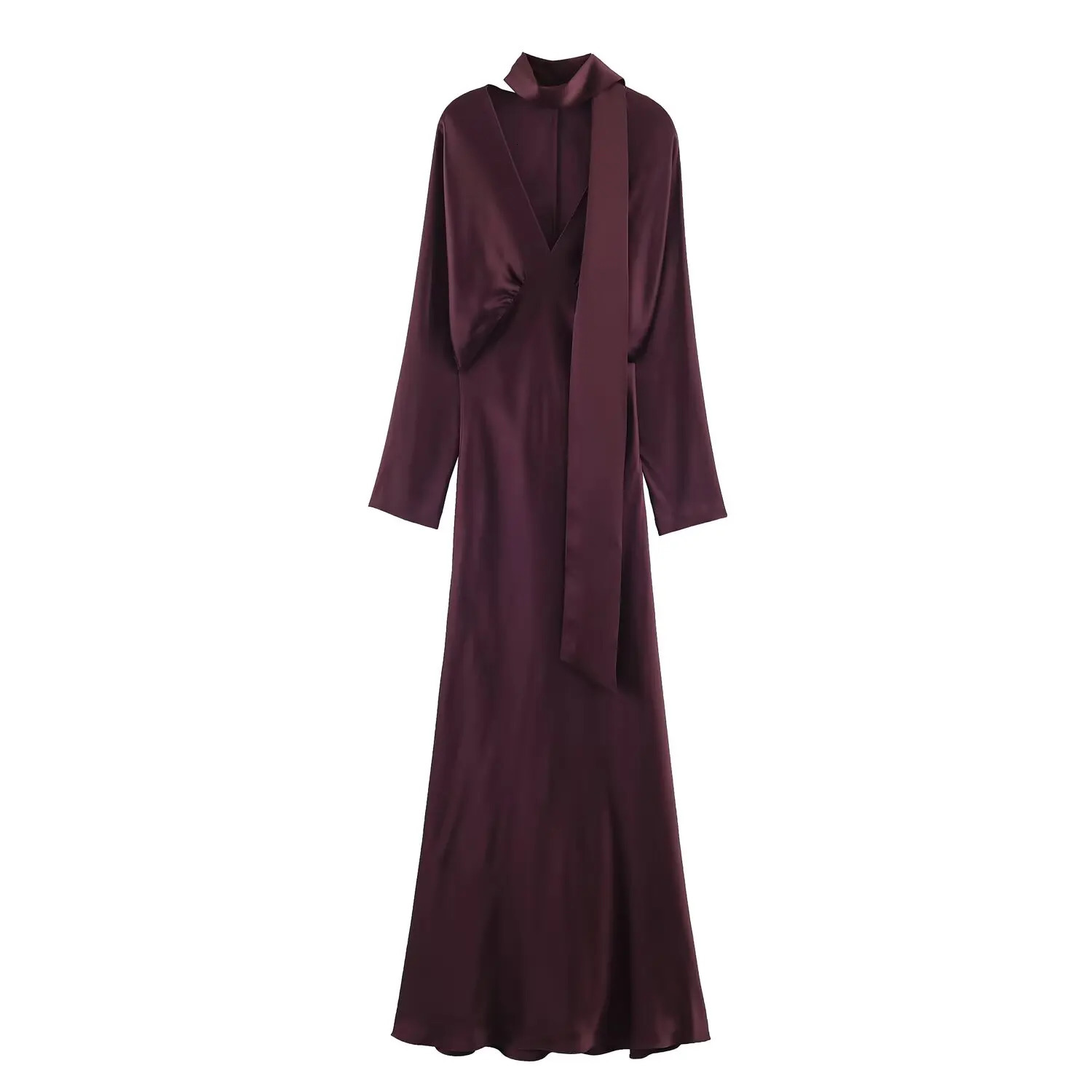 Women Fashion Satin V neck Dress Long Dresses With Scarf Chic Elegant Dresses Women Long Sleeve Casual Dress 260326