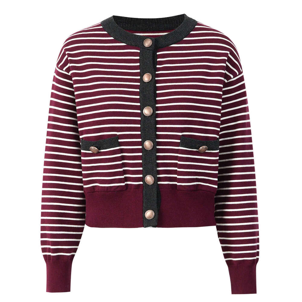 2026 autumn and A1 winter new round neck contrasting color casual CC multifunctional metal button knitted women's cardigan