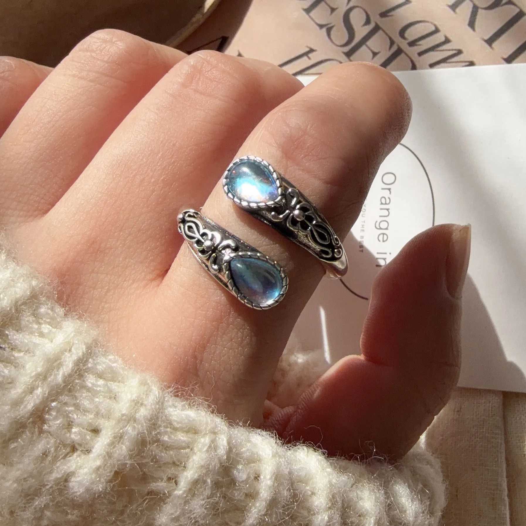925 Sterling Silver Rings For Women Geometric Fine Jewelry Finger Adjustable Vintage BLue Stone Ring For Party Birthday Gift H260327