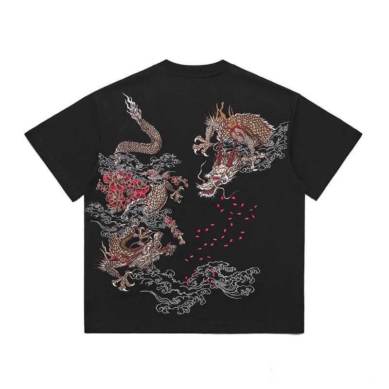Mens T Shirt Harajuku Chinese Style Streetwear Flying Dragon Heavy Embroidery Cotton Tee Drop Shoulder Loose Fit Short Summer C260326