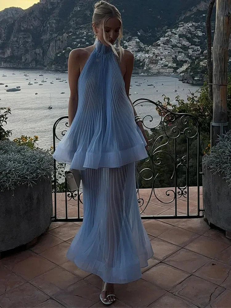 Light Blue Halter Neck Pleated Two Piece Set Women Sheer Chiffon Ruffled Top Maxi Skirt Suit Elegant Vacation Evening Party Sets 260326