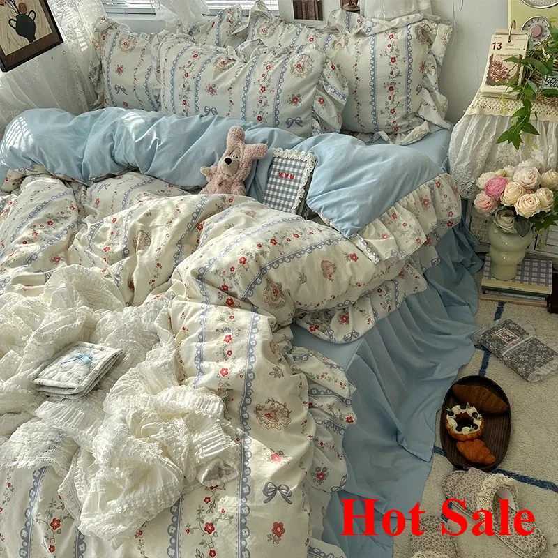 Korean Princess Style Floral Ruffles Bedding Set Skin-friendly Soft Duvet Cover Set Bed Sheet Or Bed Skirt Pillowcases H260327