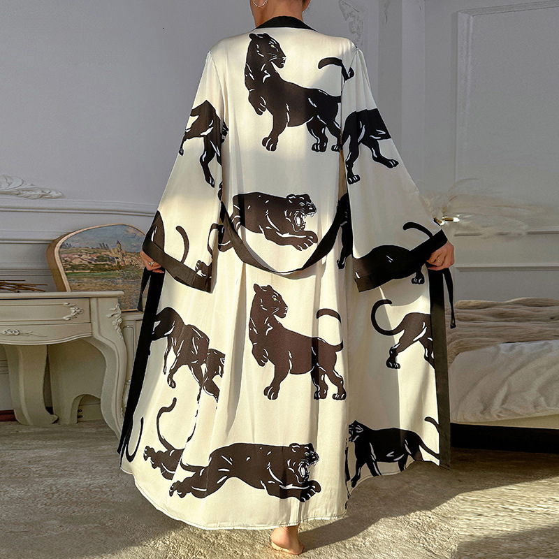 Bathrobe Women Satin Black Leopard Print Bathrobe Nightgown Long Sleeve Tie Loungewear