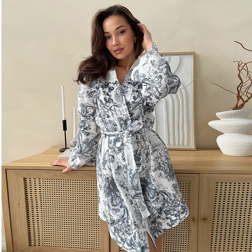 Pajama Robe Women Robe New Comfortable Soft Pure Cotton Printed Fashionable With Tie Belt Sleepwear Loungewear