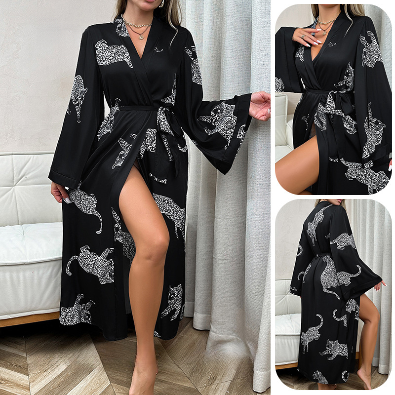 Bathrobe Women Designer Satin Leopard Print V Neck Tie Waist Long Sleeve Sexy Loungewear Nightgown
