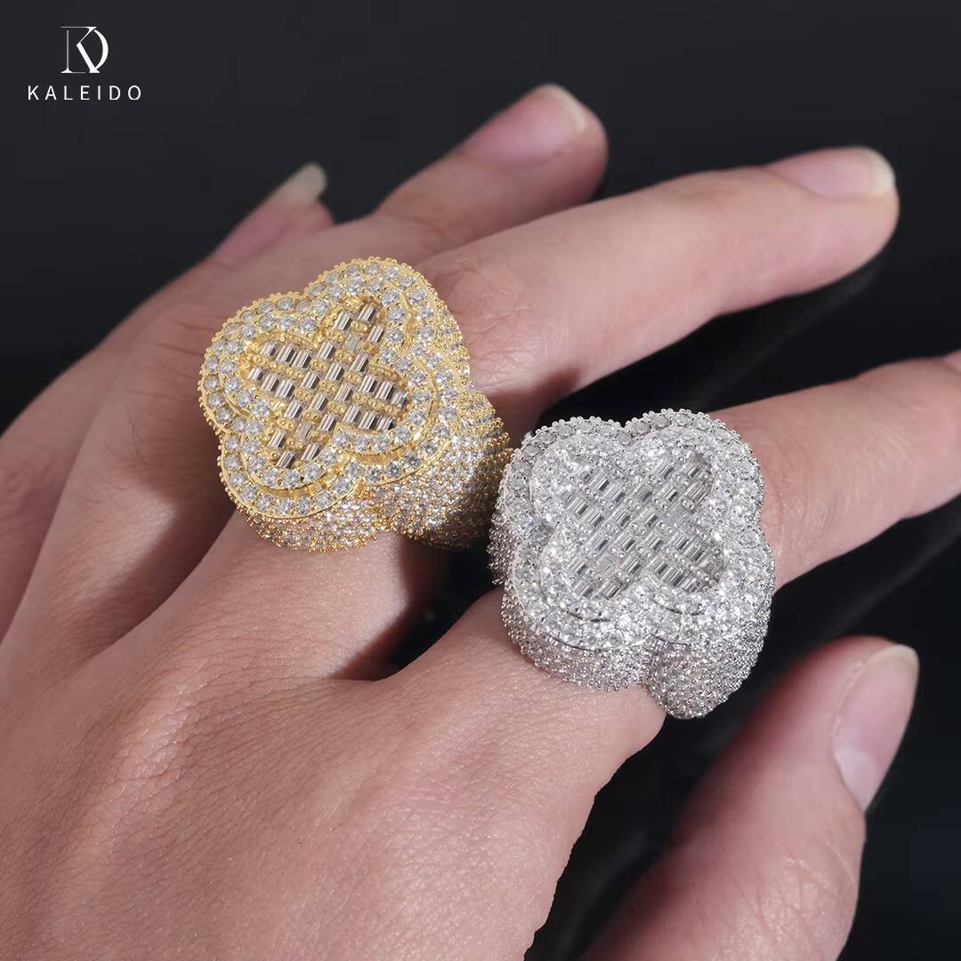 Kaleido Wholesale Hip Hop Jewelry 925 Sterling Silver Gold Plated Men Cuban 4 Four Leaf Clover Rings Vvs Moissanite Iced Out
