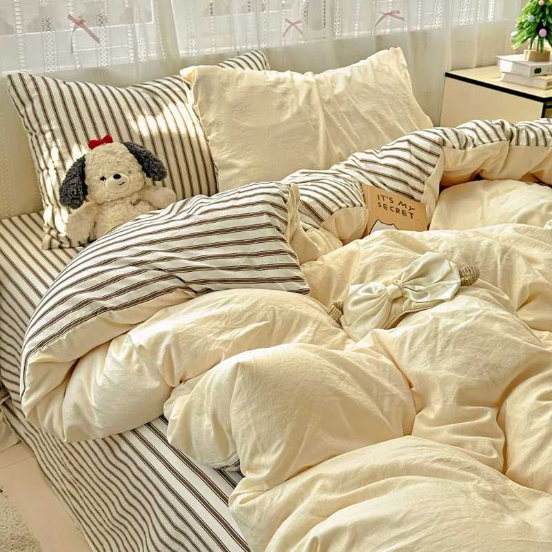 Striped Bedding Set Korean Style Duvet Cover Set Flat Sheets Set Single Twin Double Size Bed Linen Set Back To School Season H260327