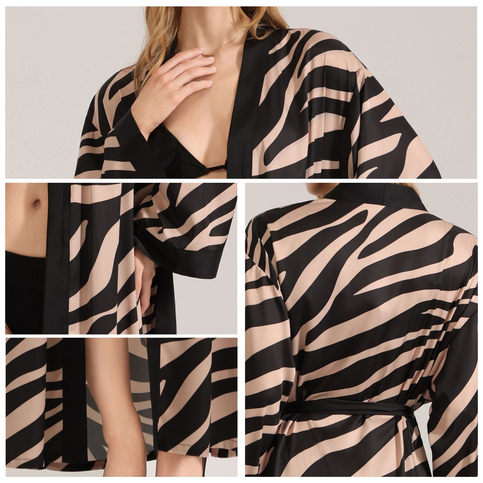 Pajama Robe European American Chiffon Women Pajamas Autumn Long Sleeve Zebra Pattern Breathable Single Robe Loungewear For Women