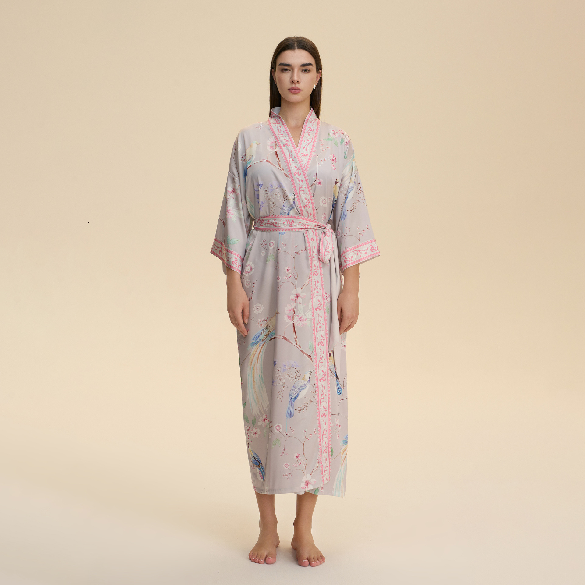 Bathrobe Women Long Sleeved Long Length Tie Waist Loose Comfortable Kimono Style Printed Pajamas Loungewear
