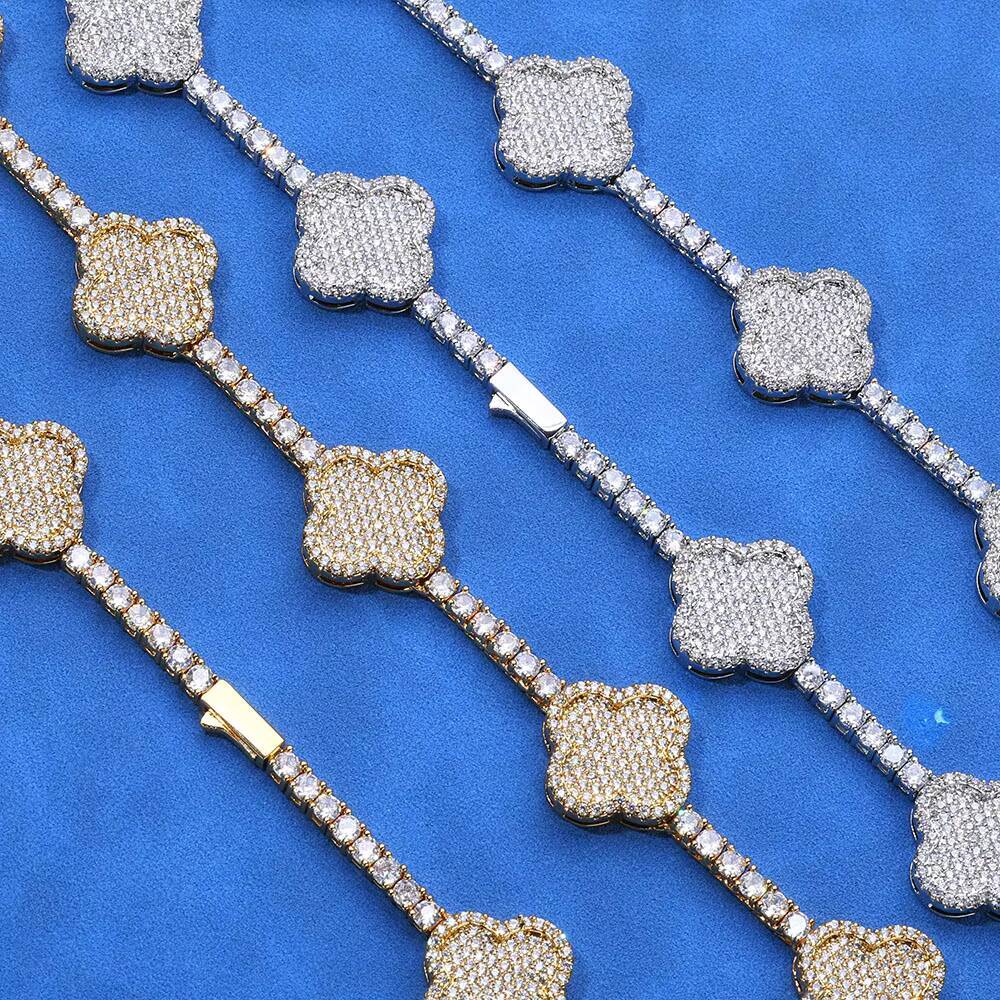 NUOYA 925 Silver VVS Moissanite Four-Leaf Clover Tennis Chain Necklace Luxury Bling Diamond Necklace Hip Hop Jewelry for Women