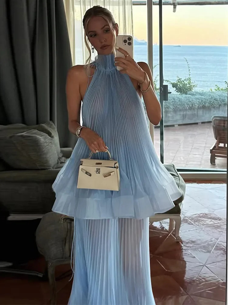 Light Blue Halter Neck Pleated Two Piece Set Women Sheer Chiffon Ruffled Top Maxi Skirt Suit Elegant Vacation Evening Party Sets 260326