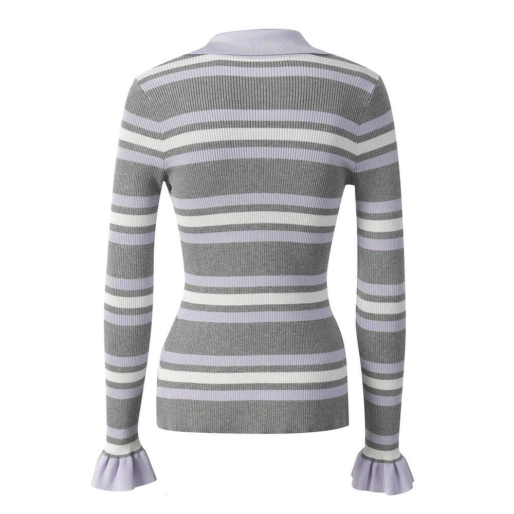 2026 Autumn New Designer Striped Color blocked Long Sleeve CC Bell V-neck D19 Three Button Split Knitted Women's Sweater Top