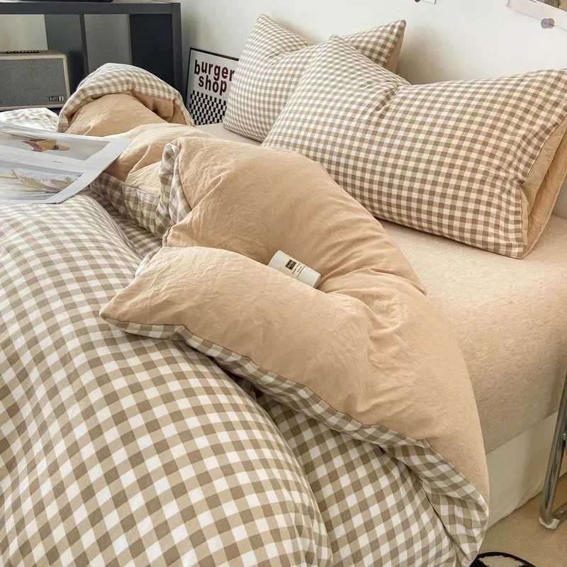 Japanese Style Check Queen Duvet Cover Set 1/3 Pcs Soft Washed Quilt Cover and Pillowcase or Only Quilt Covers Blanket Cover Set H260327